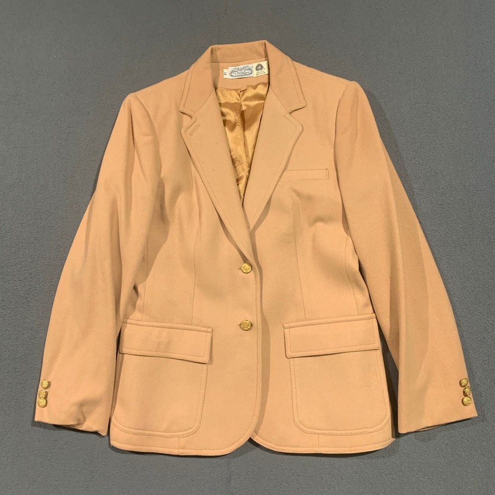 80s Vintage Women's Tan Wool Blend Blazer Size 12 Gold Button Jacket Winter *‎